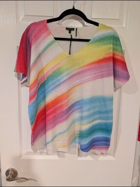 NWT Tricotto Colorful Rainbow Stripe V-Neck Top in Size XL